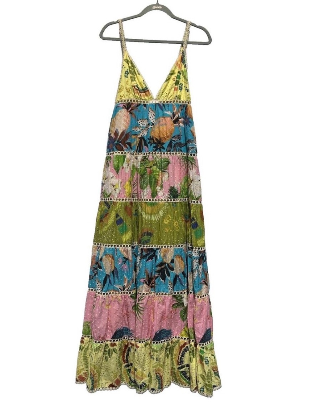 FARM Rio Tropical Patchwork Tiered Maxi Dress in Yellow, Blue, Pink, Green